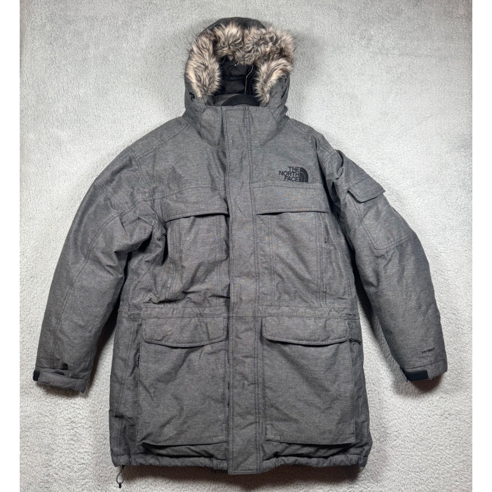 The North Face Goose Down Mcmurdo Parka Men Xl Gray Hyvent Hooded Fur Coat Heavy